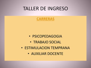 TALLER DE INGRESO
CARRERAS
• PSICOPEDAGOGIA
• TRABAJO SOCIAL
• ESTIMULACION TEMPRANA
• AUXILIAR DOCENTE
 