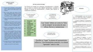 TÉCNICAS DE ESTUDIO
Las técnicas de estudio son estrategias, procedimientos o métodos,
que se ponen en práctica para adquirir aprendizajes, ayudando a
facilitar el proceso de memorización y estudio, para mejorar el
rendimiento académico
GERENCIAR EL
TIEMPO
Es posible desarrollar
la capacidad de
atención
LA TOMA DE
NOTAS ES UN
TEST DE
INTELIGENCIA
ESCRIBIR PARA
PENSAR MEJOR
Memoria
1. Crea una lista de reforzadores, es decir, premios
(objetos o situaciones) que posean un elevado valor
para ti. Desde lo más sencillo hasta lo más
elaborado.
2. Elige un premio pequeño para utilizarlo de forma
diaria, inmediatamente después de cada sesión de
estudio. Los reforzadores, al igual que los castigos,
son efectivos si son contingentes (utilizados
inmediatamente después de ocurrida la conducta).
3. Escoge un premio moderado que puedas ofrecerte si
cumples con el horario que te estableciste para toda
la semana.
4. Una semana antes de comenzar el proceso de auto-
reforzamiento, elimina de tu rutina esos objetos o
situaciones que seleccionaste como premios, para
aumentar su valor. Si los utilizas aun cuando no
cumplas con tus objetivos, no producirán efecto.
5. Realízate el auto-reforzamiento cuando logres tu
objetivo, tanto al finalizar cada sesión de estudio,
como al final de la semana.
6. Luego de un tiempo de aplicación (uno o dos meses),
una vez esté instaurada la conducta deseada
(cumplido el horario de estudio), pasa a una
modalidad intermitente de reforzamiento. En vez de
reforzarte todos los días luego de la sesión de
estudio, hazlo día por medio o utiliza un mecanismo
de azar para reforzarte. Cuando te sientes totalmente
seguro de cumplir con las sesiones diarias, elimina
el reforzamiento pequeño y prémiate sólo los fines
de semana.
7. Si ves que tu solo no vas a ser capaz, pon al corriente a
tus padres, hermanos o amigos, implícalos en tu
programa y que sean ellos los que te regulen.
1. Relajación del
cuerpo
2. Imaginación y
visualización
3. Ejercicio del
punto negro
4. Ejercicios de
atención selectiva
5. Anotar los
pensamientos
6. Ejercitas tus
sentidos
1. Revisión inmediata. La mayor parte del olvido
tiene lugar inmediatamente después del aprendizaje
inicial. La revisión efectiva requiere discusión y
repetición de lo que se ha intentado aprender.
2. Asegurar el significado y la comprensión de
lo estudiado. Es más fácil recordar el material que tiene
significado.
3. Sobreaprendizaje del material. Cuanto mayor
es el nivel de aprendizaje, más lento es el olvido. Insistir
sobre aprendizajes es positivo si no se sobrepasa el
umbral a partir del cual incide negativamente.
4. Uso de claves de memoria. Desarrollar claves
y símbolos personales que sirvan para recordar detalles.
En la aplicación de esta técnica debemos ser cuidadosos
para que los detalles no incidan y dificulten la
comprensión global del tema.
5. Distribuir el aprendizaje. Aprender las cosas
en periodos cortos favorece la retención.
6. Prácticas de repetición. Es positivo
acostumbrarse a repetir con palabras propias lo
aprendido. Favorece el recuerdo y sirve de práctica para
el examen.
7. Reducir al mínimo las interferencias. Para
ello hay que planificar el horario de estudio y las
condiciones en las que se va a realizar cada sesión, así
como la selección y el orden de las materias a estudiar
8. Reconocer las actitudes propias. Controlar las
emociones que provoca el contenido de cada materia de
estudio.
Las "notas" deben ser como la "lista
de la compra" en un ama de casa
eficaz, breves y sustanciosas
Escribir es "regar" la planta del pensamiento
reflexivo. Una herramienta esencial, si se desea
"aprender" toda la vida.
 