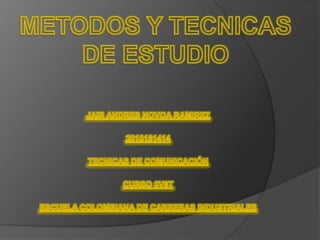 JAIR ANDRES NOVOA RAMIREZ 2010181414 TECNICAS DE COMUNICACIÓN  CURSO 0V8T  ESCUELA COLOMBIANA DE CARRERAS INDUSTRIALES  METODOS Y TECNICAS DE ESTUDIO 