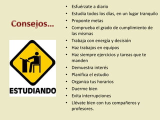 •
•
•
•
•
•
•
•
•
•
•
•
•

Esfuérzate a diario
Estudia todos los días, en un lugar tranquilo
Proponte metas
Comprueba el grado de cumplimiento de
las mismas
Trabaja con energía y decisión
Haz trabajos en equipos
Haz siempre ejercicios y tareas que te
manden
Demuestra interés
Planifica el estudio
Organiza tus horarios
Duerme bien
Evita interrupciones
Llévate bien con tus compañeros y
profesores.

 