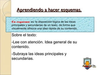 Aprendiendo a hacer esquemas.

Un esquema es: la disposición lógica de las ideas
principales y secundarias de un texto, de forma que
visualmente ofrezca una idea rápida de su contenido.

Sobre el texto:
-Lee con atención. Idea general de su
contenido.
-Subraya las ideas principales y
secundarias.
 