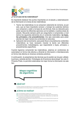 Carlos Caamaño Silvia, Psicopedagogo
¿Y en el caso de las matemáticas?
Es importante destacar tres puntos importantes en el estudio y sistematización
de la información en el área de las matemáticas:
1. Teoría: las matemáticas no se componen solamente de números, es por
esto, que se hace importante conocer y manejar los sustentos teóricos
que componen y están a la base de una fórmula. Esto es relevante para
poder asociar los diferentes ejercicios con la realidad y nuestras áreas de
estudio. Recuerda siempre partir por preguntarte si comprendes a nivel
teórico los siguientes elementos de un contenido matemático: las leyes,
los principios y los procedimientos; tres ejes esenciales para poder
abordar de mejor manera los contenidos en esta área.
2. Aplicación del conocimiento: para poder llevar a la práctica los contenidos
matemáticos se hace necesario mezclar la teoría con diferentes
procedimientos metodológicos, que responderán a leyes, principios y
procedimientos específicos.
Cuando logramos comprender las matemáticas, estamos en condiciones de
automatizar en forma más efectiva y eficiente la información e interrelacionarla
en forma más efectiva en diversos contextos prácticos.
A continuación, te presentamos dos técnicas que te podrán ser de gran utilidad,
la primera, extraída del libro “Estrategias de Enseñanza-Aprendizaje” de Julio H.
Pimienta Prieto, te permitirá sistematizar de mejor forma la información de este
tipo:
 