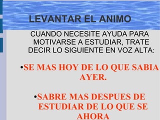 LEVANTAR EL ANIMO
CUANDO NECESITE AYUDA PARA
MOTIVARSE A ESTUDIAR, TRATE
DECIR LO SIGUIENTE EN VOZ ALTA:
●SE MAS HOY DE LO QUE SABIA
AYER.
●SABRE MAS DESPUES DE
ESTUDIAR DE LO QUE SE
AHORA