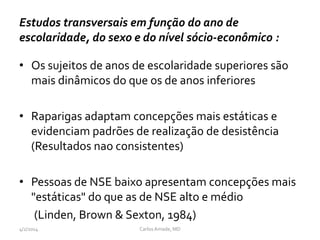 Estudos transversais em função do ano de
escolaridade, do sexo e do nível sócio-econômico :
• Os sujeitos de anos de escolaridade superiores são
mais dinâmicos do que os de anos inferiores
• Raparigas adaptam concepções mais estáticas e
evidenciam padrões de realização de desistência
(Resultados nao consistentes)
• Pessoas de NSE baixo apresentam concepções mais
"estáticas" do que as de NSE alto e médio
(Linden, Brown & Sexton, 1984)
CarlosAmade, MD4/2/2014
 