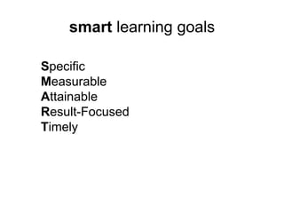 smart learning goals
Specific
Measurable
Attainable
Result-Focused
Timely
 