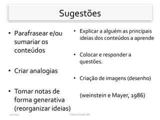 Recomenda-se
• Parafrasear e/ou
sumariar os
conteúdos
• Criar analogias
• Tomar notas de
forma generativa
(reorganizar ideias)
• Explicar a alguém as principais
ideias dos conteúdos a aprende
• Colocar e responder a
questões.
• Criação de imagens (desenho)
(weinstein e Mayer, 1986)
CarlosAmade, MD4/2/2014
Sugestões
 