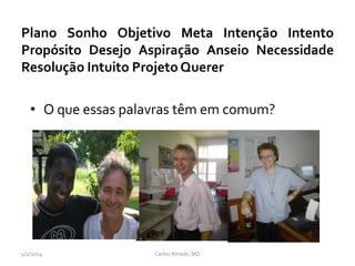 Plano Sonho Objetivo Meta Intenção Intento
Propósito Desejo Aspiração Anseio Necessidade
Resolução Intuito Projeto Querer
• O que essas palavras têm em comum?
CarlosAmade, MD4/2/2014
 