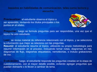 basados en habilidades de comunicación, tales como lectura y escucha.Previsualizar: el estudiante observa el tópico a ser aprendido, revisando los títulos principales o los puntos en el sílabo.Preguntar: luego se formula preguntas para ser respondidas, una vez que el tópico ha sido estudiado.Leer: se revisa material de referencia relacionado con el tópico, y se selecciona la información que mejor se relaciona con las preguntas.Resumir: el estudiante resume el tópico, utilizando su propia metodología para resumir información en el proceso, incluyendo tomar notas, diagramas en red, diagramas de flujo, diagramas etiquetados, nemotécnias, o incluso grabaciones de voz.Evaluación: luego, el estudiante responde las preguntas creadas en la etapa de cuestionamiento, con el mayor detalle posible, evitando agregar preguntas que puedan distraerle o le lleven a cambiar de tema.