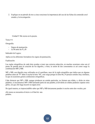 12
2. Explique en un párrafo de tres a cinco oraciones la importancia del uso de las fichas de contenido enel
estudio y la investigación.
Unidad V Me recreo en la poesía.
Tema # 6
Ortografía:
- Signos de puntuación.
- La M antes de P y B
Indicador de Logros:
Aplica en los diferentes borradores los signos de puntuación,
Explicación:
Las reglas ortográficas de cada letra ayudan a tener una correcta redacción, en muchas ocasiones estas son el
punto de partida para la creación de los dígrafos, o bien, la unión de dos consonantes es así como surge la
combinación MP y MB.
MP y MB, son dígrafos muy utilizados en el castellano, nace de la regla ortográfica que indica que en algunas
palabras antes de “P” debe ir escrita la letra “M”, esto surge porque la letra M y N poseen sonidos muy similares,
lo que en ocasiones genera confusiones ortográficas.
Cabe destacar que MP y MB, aunque producen un sonido particular, no forman una sílaba, o, dicho en otras
palabras, si encontramos MP o MB formando parte de una palabra, al dividirla en sílabas podemos separar estos
glifos, sin que ello haga incurrir en algún error.
De igual manera, es imprescindible saber que MP y MB únicamente pueden ir escrito entre dos vocales, por
ello nunca se encuentra al inicio o al final de una
palabra.
 
