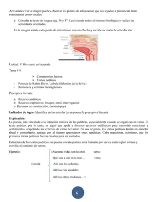 6
Actividades: En la imagen puedes observar los puntos de articulación que nos ayudan a pronunciar tanto
consonantes como vocales.
a- Consulta tu texto de lengua pág. 36 y 37. Lea la teoría sobre el sistema fonológico y realice las
actividades orientadas.
En la imagen señala cada punto de articulación con una flecha y escribe su modo de articulación
Unidad. V Me recreo en la poesía.
Tema # 4.
➢ Comprensión lectora
➢ Textos poéticos
- Poemas de Rubén Darío. La bala (Salomón de la Selva)
- Romances y corridos nicaragüenses
Preceptiva literaria:
a- Recursos métricos
b- Recursos expresivos: imagen, símil, interrogación
c- Recursos de construcción, onomatopeya
Indicador de logro: Identifica en las estrofas de un poema la preceptiva literaria
Explicación:
La poesía, está vinculada a la intención estética de las palabras, especialmente cuando se organizan en verso. El
texto poético, por lo tanto, es aquel que apela a diversos recursos estilísticos para transmitir emociones y
sentimientos, respetando los criterios de estilo del autor. En sus orígenes, los textos poéticos tenían un carácter
ritual y comunitario, aunque con el tiempo aparecieron otras temáticas. Cabe mencionar, asimismo, que los
primeros textos poéticos fueron creados para ser cantados.
Estructura de los textos poéticos: un poema o texto poético está formado por versos cada reglón o línea y
estrofas el conjunto de versos.
Ejemplo: «Nuestras vidas son los ríos verso
Que van a dar en la mar… verso
Estrofa Allí van los señoríos
Allí los ríos caudales
Allí los otros medianos…>
 