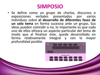 SIMPOSIO
• Se define como un grupo de charlas, discursos o
exposiciones verbales presentados por varios
individuos sobre el desarrollo de diferentes fases de
un solo tema en forma sucesiva ante un grupo. Sus
ideas pueden coincidir o no, lo importante es que cada
uno de ellos ofrezca un aspecto particular del tema de
modo que al finalizar éste, quede desarrollado en
forma relativamente integral y con la mayor
profundidad posible.
 