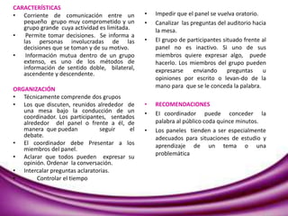 CARACTERÍSTICAS
• Corriente de comunicación entre un
pequeño grupo muy comprometido y un
grupo grande cuya actividad es limitada.
• Permite tomar decisiones. Se informa a
las personas involucradas de las
decisiones que se toman y de su motivo.
• Información mutua dentro de un grupo
extenso, es uno de los métodos de
información de sentido doble, bilateral,
ascendente y descendente.
ORGANIZACIÓN
• Técnicamente comprende dos grupos
• Los que discuten, reunidos alrededor de
una mesa bajo la conducción de un
coordinador. Los participantes, sentados
alrededor del panel o frente a él, de
manera que puedan seguir el
debate.
• El coordinador debe Presentar a los
miembros del panel.
• Aclarar que todos pueden expresar su
opinión. Ordenar la conversación.
• Intercalar preguntas aclaratorias.
• Controlar el tiempo
• Impedir que el panel se vuelva oratorio.
• Canalizar las preguntas del auditorio hacia
la mesa.
• EI grupo de participantes situado frente al
panel no es inactivo. Si uno de sus
miembros quiere expresar algo, puede
hacerlo. Los miembros del grupo pueden
expresarse enviando preguntas u
opiniones por escrito o levan-do de la
mano para que se le conceda la palabra.
• RECOMENDACIONES
• EI coordinador puede conceder la
palabra al público coda quince minutos.
• Los paneles tienden a ser especialmente
adecuados para situaciones de estudio y
aprendizaje de un tema o una
problemática
 