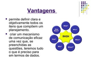 Vantagens 
 permite definir clara e 
objetivamente todos os 
itens que compõem um 
planejamento. 
 criar um mecanismo 
de comunicação eficaz 
uma vez que, se 
preenchidas as 
questões, teremos tudo 
o que é preciso para 
em termos de dados. 
 