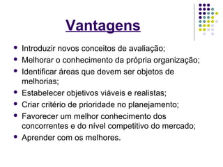 Vantagens 
 Introduzir novos conceitos de avaliação; 
 Melhorar o conhecimento da própria organização; 
 Identificar áreas que devem ser objetos de 
melhorias; 
 Estabelecer objetivos viáveis e realistas; 
 Criar critério de prioridade no planejamento; 
 Favorecer um melhor conhecimento dos 
concorrentes e do nível competitivo do mercado; 
 Aprender com os melhores. 
 