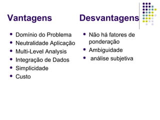 Vantagens Desvantagens 
 Domínio do Problema 
 Neutralidade Aplicação 
 Multi-Level Analysis 
 Integração de Dados 
 Simplicidade 
 Custo 
 Não há fatores de 
ponderação 
 Ambiguidade 
 análise subjetiva 
 