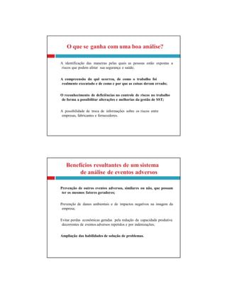 Benefícios resultantes de um sistema
de análise de eventos adversos
Prevenção de outros eventos adversos, similares ou não, que possam
ter os mesmos fatores geradores;
Prevenção de danos ambientais e de impactos negativos na imagem da
empresa;
Evitar perdas econômicas geradas pela redução da capacidade produtiva
decorrentes de eventos adversos repetidos e por indenizações;
Ampliação das habilidades de solução de problemas.
O que se ganha com uma boa análise?
A identificação das maneiras pelas quais as pessoas estão expostas a
riscos que podem afetar sua segurança e saúde;
A compreensão do quê ocorreu, de como o trabalho foi
realmente executado e de como e por que as coisas deram errado;
O reconhecimento de deficiências no controle de riscos no trabalho
de forma a possibilitar alterações e melhorias da gestão de SST;
A possibilidade de troca de informações sobre os riscos entre
empresas, fabricantes e fornecedores.
 
