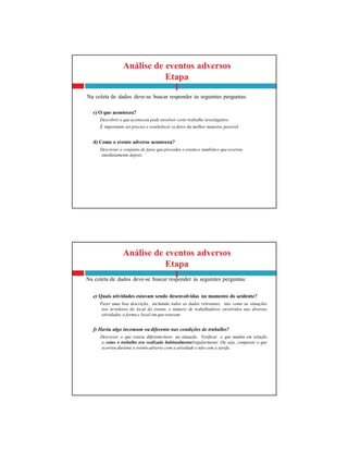 Análise de eventos adversos
Etapa
I
Na coleta de dados deve-se buscar responder às seguintes perguntas:
e) Quais atividades estavam sendo desenvolvidas no momento do acidente?
Fazer uma boa descrição, incluindo todos os dados relevantes, tais como as situações
nos arredores do local do evento, o número de trabalhadores envolvidos nas diversas
atividades, a forma e local em que estavam
f) Havia algo incomum ou diferente nas condições de trabalho?
Descrever o que estava diferente/novo na situação. Verificar o que mudou em relação
a como o trabalho era realizado habitualmente/regularmente. Ou seja, comparar o que
ocorreu durante o evento adverso com a atividade e não com a tarefa.
Análise de eventos adversos
Etapa
I
Na coleta de dados deve-se buscar responder às seguintes perguntas:
c) O que aconteceu?
Descobrir o que aconteceu pode envolver certo trabalho investigativo.
É importante ser preciso e estabelecer os fatos da melhor maneira possível.
d) Como o evento adverso aconteceu?
Descrever o conjunto de fatos que precedeu o evento e tambémo que ocorreu
imediatamente depois.
 