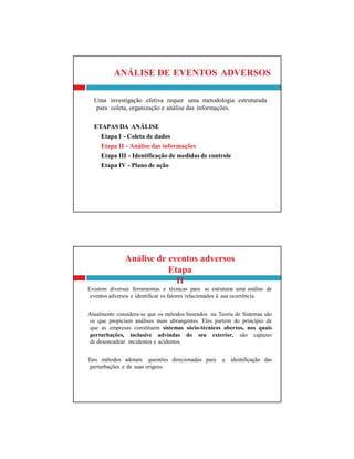 Análise de eventos adversos
Etapa
II
Existem diversas ferramentas e técnicas para se estruturar uma análise de
eventos adversos e identificar os fatores relacionados à sua ocorrência.
Atualmente considera-se que os métodos baseados na Teoria de Sistemas são
os que propiciam análises mais abrangentes. Eles partem do princípio de
que as empresas constituem sistemas sócio-técnicos abertos, nos quais
perturbações, inclusive advindas do seu exterior, são capazes
de desencadear incidentes e acidentes.
Tais métodos adotam questões direcionadas para a identificação das
perturbações e de suas origens.
ANÁLISE DE EVENTOS ADVERSOS
Uma investigação efetiva requer uma metodologia estruturada
para coleta, organização e análise das informações.
ETAPAS DA ANÁLISE
Etapa I - Coleta de dados
Etapa II - Análise das informações
Etapa III - Identificação de medidas de controle
Etapa IV - Plano de ação
 