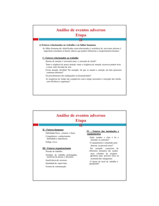 IV - Fatores das instalações e
Competência - conhecimento,
habilidade e experiência;
entender os controles?
O equipamento é projetado para
para cilindros de oxigênio
e
Jornadas de trabalho prolongadas,
nconexão das mangueiras.
O layout do local de trabalho é
Análise de eventos adversos
Etapa
II
II - Fatores humanos
Habilidade física - estatura e força; equipamentos
Quão simples e claro é ler e
Fadiga, stress.
detectar ou prevenir erros?
III - Fatores organizacionais Por exemplo: conectores de
Pressão de trabalho; diferentes tamanhos são usados
ausências de pausas e descanso;
acetileno para prevenir erros na
Insuficiência de recursos;
Qualidade da supervisão; apropriado?
Formas de remuneração.
Análise de eventos adversos
Etapa
II
e) Fatores relacionados ao trabalho e às falhas humanas
Se falhas humanas são identificadas como relacionadas à ocorrência de um evento adverso, é
importante considerar os fatores abaixo, que podem influenciar o comportamento humano.
I - Fatores relacionados ao trabalho
Quanto de atenção é necessário para a execução da tarefa?
Tanto a exigência de pouca atenção como a exigência de atenção excessiva podem levar
a taxas mais elevadas de erro.
Existe atenção dividida? Por exemplo: há que se manter a atenção em dois processos
contínuos distintos?
Os procedimentos são inadequados ou desatualizados?
As exigências de tempo são compatíveis como tempo necessário à execução das tarefas
com eficiência e segurança?
 