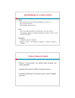 Outras fontes de dados
Observar a mesma tarefa (ou similar) sendo executada por
outros operadores
Consultar NR, normas da ABNT ou literatura técnica
Consultar procedimentos da empresa sobre a tarefa (trabalho
prescrito)
Aprofundando os eventos críticos
Metas
Quais eram suas metas no momento (produção, custo, prazo,...)?
Havia pressão de tempo?
Havia conflitos entre as metas?
Ação
Como você julga que poderia ter influenciado o curso dos eventos?
Você chegou a discutir ou mentalizar opções para realizar a tarefa ou você
já sabia o que fazer?
Resultados
O resultado saiu como esperado?
Durante a tarefa, você percebeu problemas e precisou re-avaliar a
situação?
 