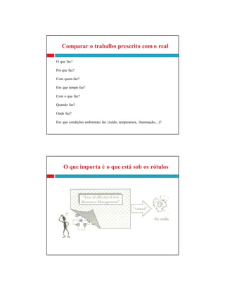 O que importa é o que está sob os rótulos
Comparar o trabalho prescrito com o real
O que faz?
Por que faz?
Com quem faz?
Em que tempo faz?
Com o que faz?
Quando faz?
Onde faz?
Em que condições ambientais faz (ruído, temperatura, iluminação,...)?
 