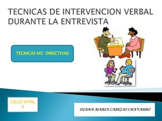 TECNICAS DE INTERVENCION VERBAL DURANTE LA ENTREVISTA  TECNICAS NO  DIRECTIVAS  CICLO VITAL II DIANA MARIA CABEZAS CHAVARRO 