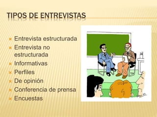 TIPOS DE ENTREVISTAS
 Entrevista estructurada
 Entrevista no
estructurada
 Informativas
 Perfiles
 De opinión
 Conferencia de prensa
 Encuestas
 