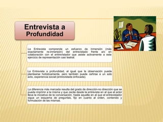 Entrevista a
Profundidad
La Entrevista comprende un esfuerzo de inmersión (más
exactamente re-inmersión) del entrevistado frente a/o en
colaboración con el entrevistador que asiste activamente a este
ejercicio de representación casi teatral.
La Entrevista a profundidad, al igual que la observación puede
plantearse holísticamente, pero también puede ceñirse a un solo
acto, experiencia social (entrevistada enfocada).
La diferencia más marcada resulta del grado de dirección-no dirección que se
pueda imprimir a la misma y que oscila desde la entrevista en al que el actor
lleva la iniciativa de la conversación, hasta aquella en al que el entrevistador
sigue un esquema de preguntas, fijo en cuanto al orden, contenido y
formulación de las mismas.
 
