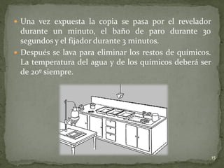  Una vez expuesta la copia se pasa por el revelador
  durante un minuto, el baño de paro durante 30
  segundos y el fijador durante 3 minutos.
 Después se lava para eliminar los restos de químicos.
  La temperatura del agua y de los químicos deberá ser
  de 20º siempre.




                                                          15
 