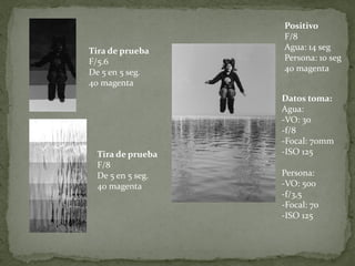 Positivo
                  F/8
Tira de prueba    Agua: 14 seg
F/5.6             Persona: 10 seg
De 5 en 5 seg.    40 magenta
40 magenta
                  Datos toma:
                  Agua:
                  -VO: 30
                  -f/8
                  -Focal: 70mm
 Tira de prueba   -ISO 125
 F/8
 De 5 en 5 seg.   Persona:
 40 magenta       -VO: 500
                  -f/3,5
                  -Focal: 70
                  -ISO 125
 