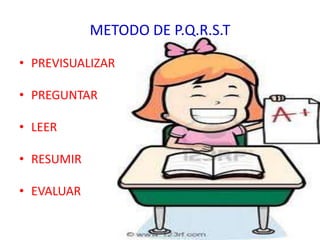 METODO DE P.Q.R.S.TPREVISUALIZARPREGUNTARLEERRESUMIREVALUAR