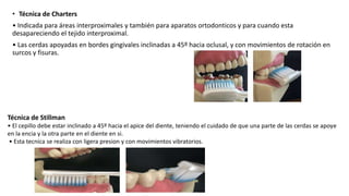 • Técnica de Charters
• Indicada para áreas interproximales y también para aparatos ortodonticos y para cuando esta
desapareciendo el tejido interproximal.
• Las cerdas apoyadas en bordes gingivales inclinadas a 45º hacia oclusal, y con movimientos de rotación en
surcos y fisuras.
Técnica de Stillman
• El cepillo debe estar inclinado a 45º hacia el apice del diente, teniendo el cuidado de que una parte de las cerdas se apoye
en la encia y la otra parte en el diente en si.
• Esta tecnica se realiza con ligera presion y con movimientos vibratorios.
 