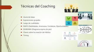 Técnicas del Coaching
 Lluvia de ideas
 Exposiciones grupales
 Juego de cualidades
 DAFO (Debilidades, Amenazas, Fortalezas, Oportunidades)
 ISHIKAWA (Diagrama espina de pez)
 Claves sobre la creación de hábitos
 Timing
 