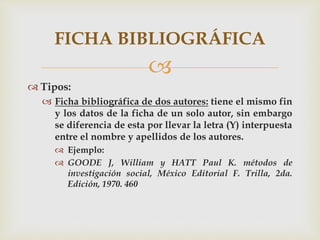 
 Tipos:
 Ficha bibliográfica de dos autores: tiene el mismo fin
y los datos de la ficha de un solo autor, sin embargo
se diferencia de esta por llevar la letra (Y) interpuesta
entre el nombre y apellidos de los autores.
 Ejemplo:
 GOODE J, William y HATT Paul K. métodos de
investigación social, México Editorial F. Trilla, 2da.
Edición, 1970. 460
FICHA BIBLIOGRÁFICA
 
