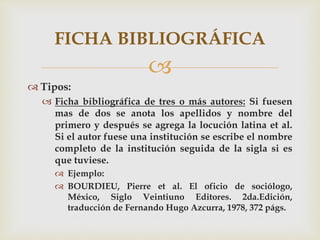 
 Tipos:
 Ficha bibliográfica de tres o más autores: Si fuesen
mas de dos se anota los apellidos y nombre del
primero y después se agrega la locución latina et al.
Si el autor fuese una institución se escribe el nombre
completo de la institución seguida de la sigla si es
que tuviese.
 Ejemplo:
 BOURDIEU, Pierre et al. El oficio de sociólogo,
México, Siglo Veintiuno Editores. 2da.Edición,
traducción de Fernando Hugo Azcurra, 1978, 372 págs.
FICHA BIBLIOGRÁFICA
 