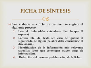 
 Para elaborar una ficha de resumen se sugiere el
siguiente proceso:
1. Leer el título (debe entenderse bien lo que él
expresa).
2. Lectura total del texto (en caso de ignorar el
significado de alguna palabra debe consultarse el
diccionario).
3. Identificación de la información más relevante
(aquellas ideas que contengan mayor carga de
información).
4. Redacción del resumen y elaboración de la ficha.
FICHA DE SÍNTESIS
 