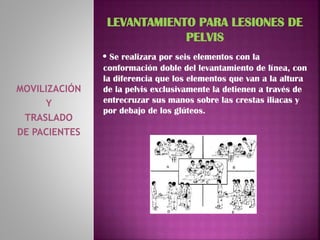 MOVILIZACIÓN
Y
TRASLADO
DE PACIENTES
LEVANTAMIENTO PARA LESIONES DE
PELVIS
• Se realizara por seis elementos con la
conformación doble del levantamiento de línea, con
la diferencia que los elementos que van a la altura
de la pelvis exclusivamente la detienen a través de
entrecruzar sus manos sobre las crestas iliacas y
por debajo de los glúteos.
 