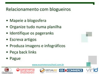 Relacionamento com blogueiros

•   Mapeie a blogosfera
•   Organize tudo numa planilha
•   Identifique os pageranks
•   Escreva artigos
•   Produza imagens e infográficos
•   Peça back links
•   Pague
                www.ecommerceschool.com.br
 