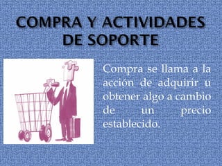 Compra se llama a la acción de adquirir u obtener algo a cambio de un precio establecido.  