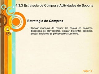 4.3.3 Estrategia de Compra y Actividades de Soporte Estrategia de Compras   Buscar maneras de reducir los costos en compras, búsqueda de proveedores, cotizar diferentes opciones, buscar opciones de proveedores sustitutos. 