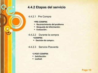 4.4.2 Etapas del servicio  4.4.2.1  Pre Compra  PRE-COMPRA ·  Reconocimiento del problema ·  Búsqueda de Información:   ·  Evaluación: .  4.4.2.2  Durante la compra  COMPRA ·  Decisión de compra: .  4.4.2.3  Servicio Posventa  ) POST-COMPRA ·  Satisfacción:  ·  Lealtad:   