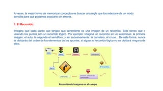 1. El Recorrido:
Imagina que cada punto que tengas que aprenderte es una imagen de un recorrido. Sólo tienes que ir
uniendo los puntos con un recorrido lógico. Por ejemplo: Imagina un recorrido en un automóvel, la primera
imagen, el auto, la segunda el semáforo, y así sucesivamente: la carretera, el cruce... De esta forma, nunca
te olvidarás del orden de los elementos de los apuntes, si sigues el recorrido lógico no se olvidará ninguno de
ellos.
A veces, la mejor forma de memorizar conceptos es buscar una regla que los relacione de un modo
sencillo para que podamos asociarlo sin errores.
 