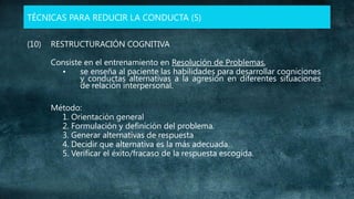 TÉCNICAS PARA REDUCIR LA CONDUCTA (5)
(10)

RESTRUCTURACIÓN COGNITIVA
Consiste en el entrenamiento en Resolución de Problemas,
se enseña al paciente las habilidades para desarrollar cogniciones
•
y conductas alternativas a la agresión en diferentes situaciones
de relación interpersonal.
Método:
1. Orientación general
2. Formulación y definición del problema.
3. Generar alternativas de respuesta
4. Decidir que alternativa es la más adecuada.
5. Verificar el éxito/fracaso de la respuesta escogida.

 