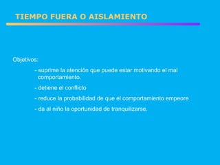 Objetivos:  - suprime la atención que puede estar motivando el mal    comportamiento. - detiene el conflicto - reduce la probabilidad de que el comportamiento empeore - da al niño la oportunidad de tranquilizarse. TIEMPO FUERA O AISLAMIENTO 