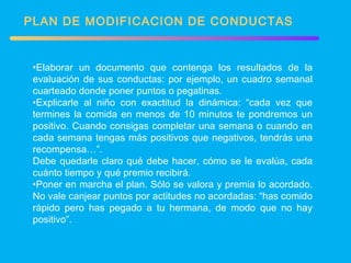 PLAN DE MODIFICACION DE CONDUCTAS Elaborar un documento que contenga los resultados de la evaluación de sus conductas: por ejemplo, un cuadro semanal cuarteado donde poner puntos o pegatinas. Explicarle al niño con exactitud la dinámica: “cada vez que termines la comida en menos de 10 minutos te pondremos un positivo. Cuando consigas completar una semana o cuando en cada semana tengas más positivos que negativos, tendrás una recompensa…”.  Debe quedarle claro qué debe hacer, cómo se le evalúa, cada cuánto tiempo y qué premio recibirá. Poner en marcha el plan. Sólo se valora y premia lo acordado. No vale canjear puntos por actitudes no acordadas: “has comido rápido pero has pegado a tu hermana, de modo que no hay positivo”. 