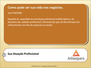 Como pode ser sua vida nos negócios.
    Você PARCEIRO.

    Depende da capacidade de articulação profissional multidisciplinar e do
    abandono das vaidades profissionais. Demanda alto grau de diversificação dos
    conhecimentos. Em fase de expansão no mundo.




!   Sua Atuação Profissional


                             André Monteiro – Anhanguera Educacional 2010
 