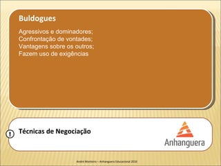 Buldogues
    Agressivos e dominadores;
    Confrontação de vontades;
    Vantagens sobre os outros;
    Fazem uso de exigências




!   Técnicas de Negociação


                       André Monteiro – Anhanguera Educacional 2010
 