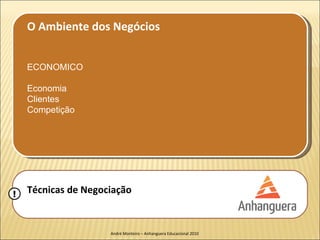 O Ambiente dos Negócios


    ECONOMICO

    Economia
    Clientes
    Competição




!   Técnicas de Negociação


                     André Monteiro – Anhanguera Educacional 2010
 