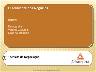 O Ambiente dos Negócios


    SOCIAL

    Demografia
    Valores Culturais
    Ética do Trabalho




!   Técnicas de Negociação


                        André Monteiro – Anhanguera Educacional 2010
 