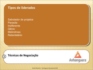 Tipos de liderados


    Sabotador de projetos
    Parasita
    Indiferente
    Gênio
    Melindroso
    Retardatário




!   Técnicas de Negociação


                        André Monteiro – Anhanguera Educacional 2010
 